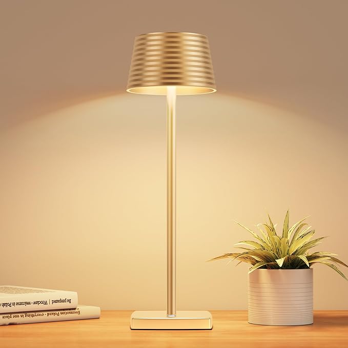 Rechargeable Cordless Table Lamp, Battery 6000mAh Metal Aluminum Housing USB LED Portable Powered Desk Lamp, 3 Levels Brightness Night Light for Restaurants Bars Outdoor (Gold) - LeafyLoom