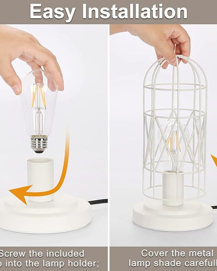 Bedside Touch Lamp, Small Table Lamp for Bedroom Living Room, 3 Way Dimmable Modern Nightstand Lamp, Simple Desk Lamp with White Metal Cage Shade, 2700K LED Bulb Included - LeafyLoom