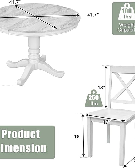 Round 5-Piece Kitchen Room Solid Wood Dining Table and Chairs Set for 4, White - LeafyLoom