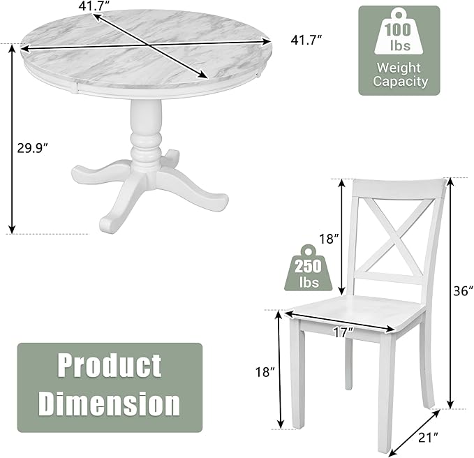 Round 5-Piece Kitchen Room Solid Wood Dining Table and Chairs Set for 4, White - LeafyLoom
