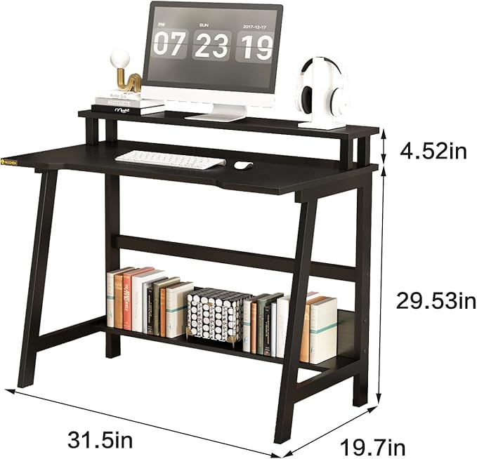 Small Computer Desk for Small Spaces - 33.5" Inch Modern Writing Table with Monitor Storage Shelf for Home Office and Study, Compact Laptop Desk in Simple and Sleek Style - LeafyLoom