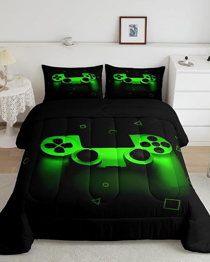 Gamer Comforter Set For Boys Twin,Gaming Bedding Comforters For Kids Teens Men Game Room Decor,Video Game Down Comforter Reversible Retro Green Gamepad Controller Quilt Duvet Sets Home Decor 2 Pcs - LeafyLoom