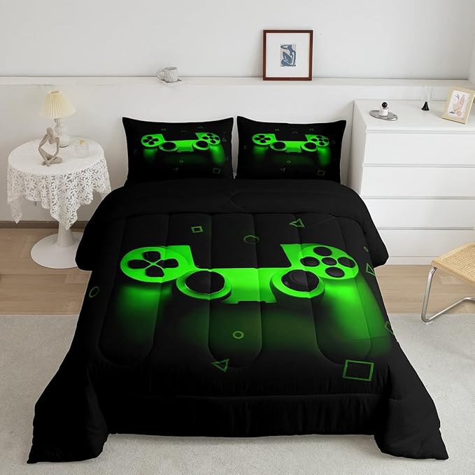 Gamer Comforter Set For Boys Twin,Gaming Bedding Comforters For Kids Teens Men Game Room Decor,Video Game Down Comforter Reversible Retro Green Gamepad Controller Quilt Duvet Sets Home Decor 2 Pcs - LeafyLoom