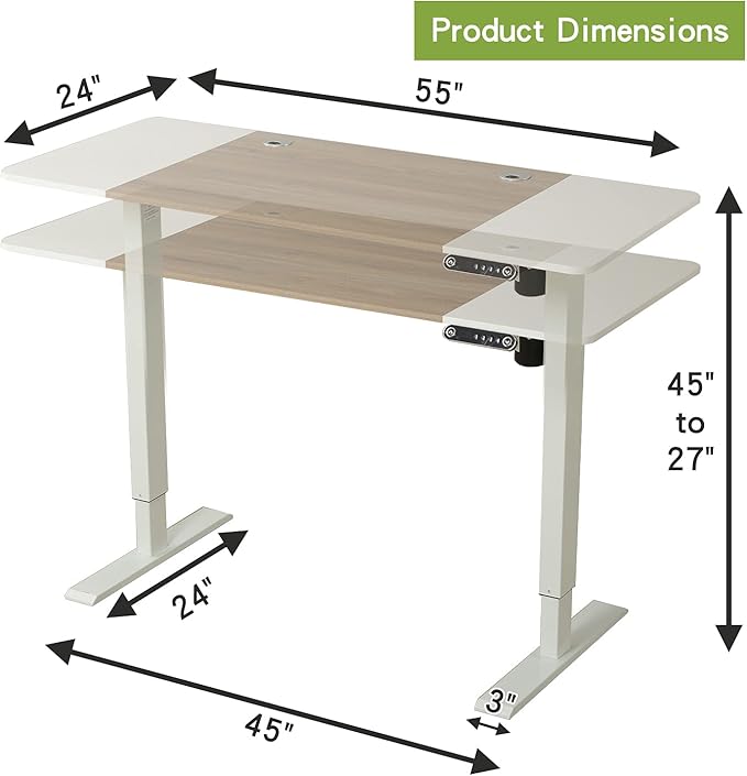 Radlove Electric Height Adjustable Standing Desk, 55 x 24 Inches Stand Up Workstation, Splice Board Home Office Computer Table Ergonomic (White Frame + 55" White+Maple Top) - LeafyLoom