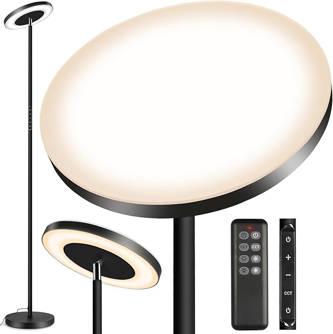 OUTON LED Torchiere Floor Lamp, Super Bright Dimmable Tall Standing Lamp with Remote Touch Control, 4 Color Temperatures, 1-Hour Timer for Living Room, Bedroom, Office (Classic Black) - LeafyLoom