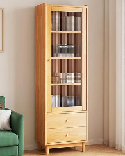 Wooden Glass Door Bookcase - 2-Tier Cube Bookshelf Storage Cabinet with Double Drawer and Adjustable Shelf, Solid Wood Legs Cupboard in Warm White - LeafyLoom