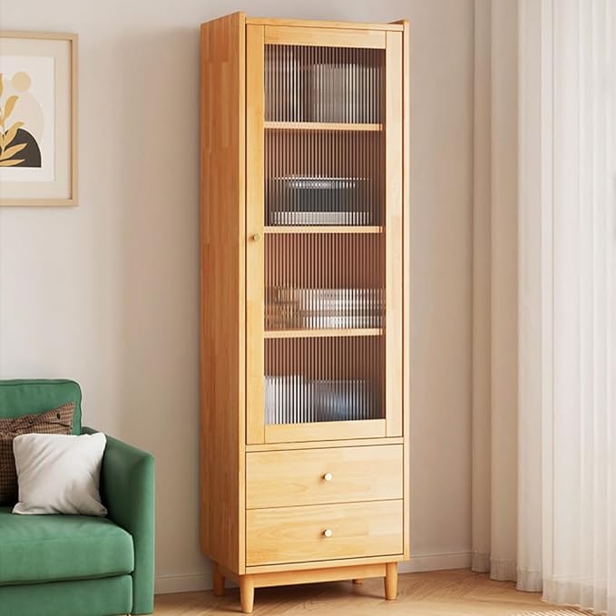 Wooden Glass Door Bookcase - 2-Tier Cube Bookshelf Storage Cabinet with Double Drawer and Adjustable Shelf, Solid Wood Legs Cupboard in Pear Yellow - LeafyLoom