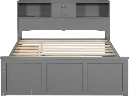 Full Size Wood Pltaform Trundle and 3 Drawers/Upper Shelves,Multifunctional Storage Bed Frame,W/a Set of USB Ports & Sockets,for Apartment,Bedroom,Living Room,Gray - LeafyLoom