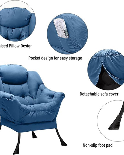 Welnow Lazy Chair with Ottoman, Modern Lounge Accent Chair with Armrests and a Side Pocket, Leisure Sofa Chair Set, Reading Chair with Footrest for Small Space, Corner Chair, Royal Blue - LeafyLoom