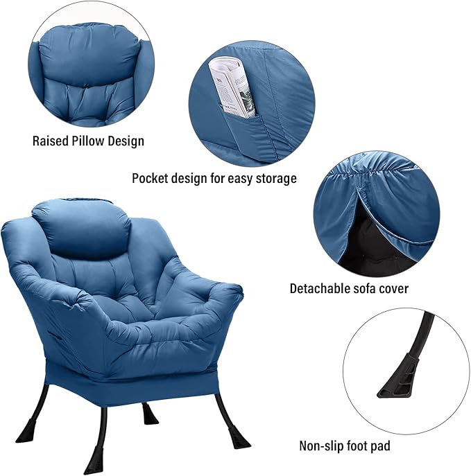 Welnow Lazy Chair with Ottoman, Modern Lounge Accent Chair with Armrests and a Side Pocket, Leisure Sofa Chair Set, Reading Chair with Footrest for Small Space, Corner Chair, Royal Blue - LeafyLoom
