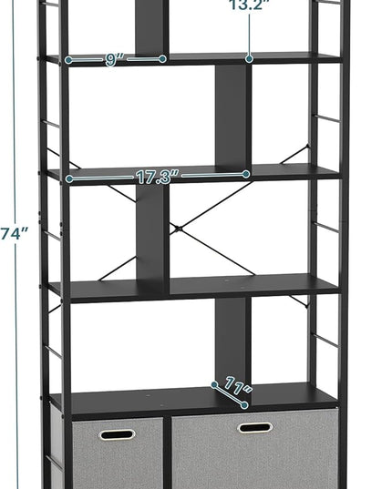 armocity 74 Inch Tall Bookshelf, 6 Tier Bookcase with Drawers, Modern Book Shelf Display Standing Shelf Units with Storage, Wood and Metal Bookshelves for Living Room, Bedroom, Home Office, Black - LeafyLoom