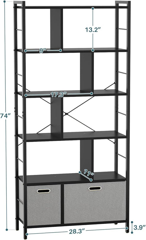armocity 74 Inch Tall Bookshelf, 6 Tier Bookcase with Drawers, Modern Book Shelf Display Standing Shelf Units with Storage, Wood and Metal Bookshelves for Living Room, Bedroom, Home Office, Black - LeafyLoom