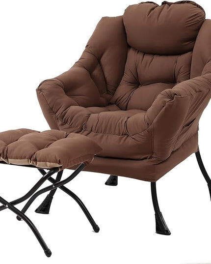 Lazy Chair with Ottoman, Modern Accent Chair Contemporary Lounge Leisure Upholstered Sofa Chair Set with Armrests, Reading Chair for Living Room, Bedroom, Office, Dark Brown - LeafyLoom
