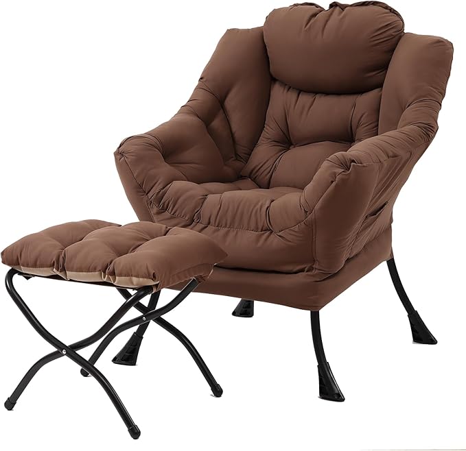 Lazy Chair with Ottoman, Modern Accent Chair Contemporary Lounge Leisure Upholstered Sofa Chair Set with Armrests, Reading Chair for Living Room, Bedroom, Office, Dark Brown - LeafyLoom