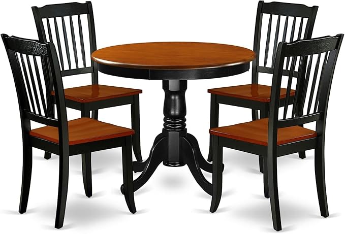 East West Furniture ANDA5-BCH-W Antique 5 Piece Room Set Includes a Round Wooden Table with Pedestal and 4 Kitchen Dining Chairs, 36x36 Inch - LeafyLoom