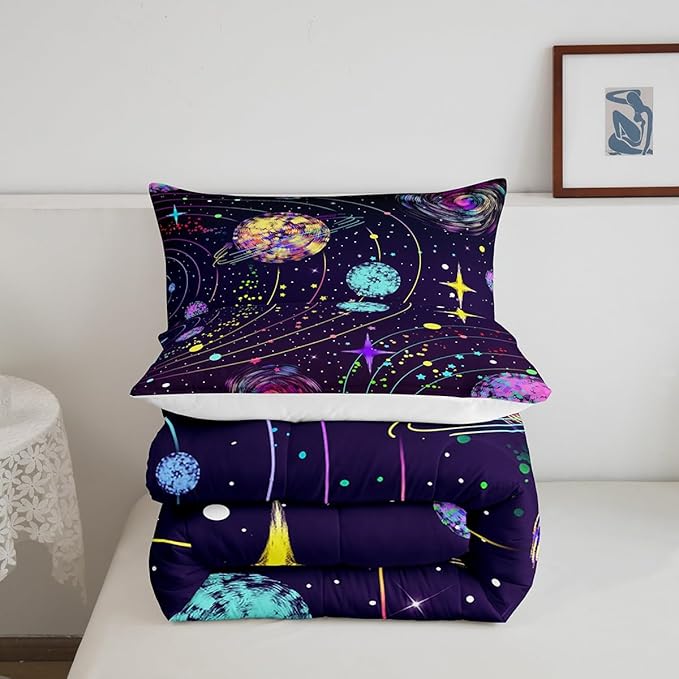 Feelyou Solar System Comforter Set Queen Size Outer Space Comforter for Kids Teens Adults Universe Planets Bedding Set Cute Astronaut Purple Duvet Set Room Decor 3Pcs with 2 Pillow Case - LeafyLoom