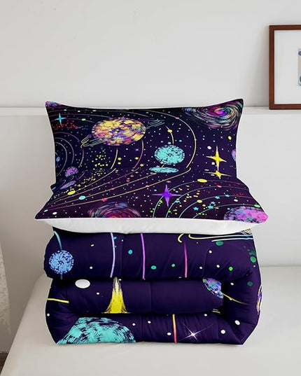 Feelyou Solar System Comforter Set King Size Outer Space Comforter for Kids Teens Adults Universe Planets Bedding Set Cute Astronaut Purple Duvet Set Room Decor 3Pcs with 2 Pillow Case - LeafyLoom