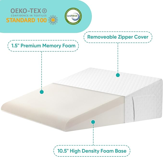Bed Wedge Pillow for After Surgery Premium 7.5" Wedge Pillow for Sleeping with Memory Foam Top, Triangle Pillow Wedge for Acid Reflux Snoring Post Surgery Leg Elevation Back & Knee Pain Relief -White - LeafyLoom