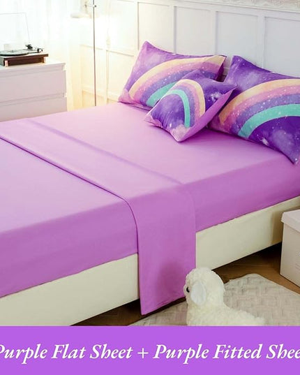 Purple Rainbow Girls Comforter Set Twin, 6 Pieces Gradient Glitter Bedding Sets for Girls Kids, 3D Galaxy Nebula Kids Girls Bed Set with Sheets for All Season - LeafyLoom