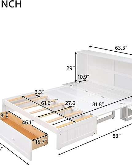 Murphy Cabinet Bed Queen Size with Drawer and Little Shelves on Each Side, can be Foldable/Space Saving, Wooden Low Bedframe for Bedroom/Apartment, White - LeafyLoom