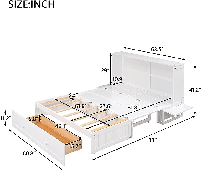 Murphy Cabinet Bed Queen Size with Drawer and Little Shelves on Each Side, can be Foldable/Space Saving, Wooden Low Bedframe for Bedroom/Apartment, White - LeafyLoom