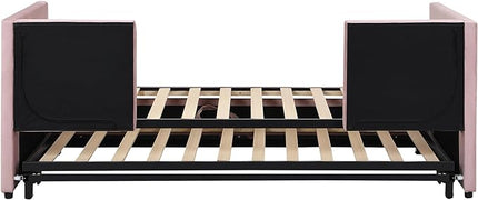 Day Bed (Twin, Pink) with Pop Up Trundle, Velvet Upholstered, Extendable to King, Backrest and Armrests, for Living Room Apartment - LeafyLoom