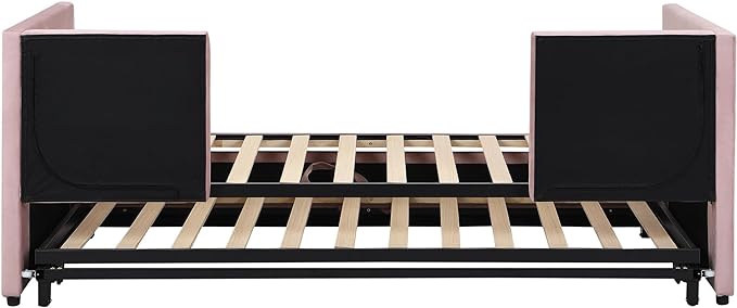 Day Bed (Twin, Pink) with Pop Up Trundle, Velvet Upholstered, Extendable to King, Backrest and Armrests, for Living Room Apartment - LeafyLoom