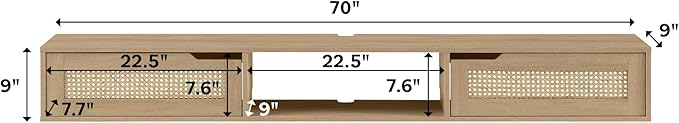 Walker Edison Modern Rattan Flip-Down-Door Wall-Mounted Floating Stand for TVs up to 80 Inches, 70 Inch, Coastal Oak - LeafyLoom