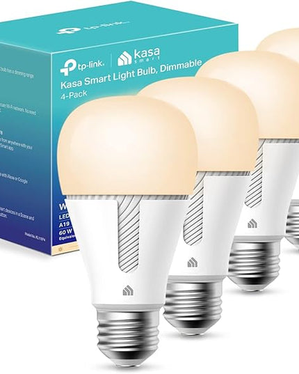 Kasa Smart Light Bulbs that works with Alexa and Google Home, Dimmable Smart LED Bulb, A19, 9W, 800Lumens, Soft White(2700K), CRI≥90, WiFi 2.4Ghz only, No Hub Required, 4 Count (Pack of 1)(KL110P4) KasaSmartbyTP-Link