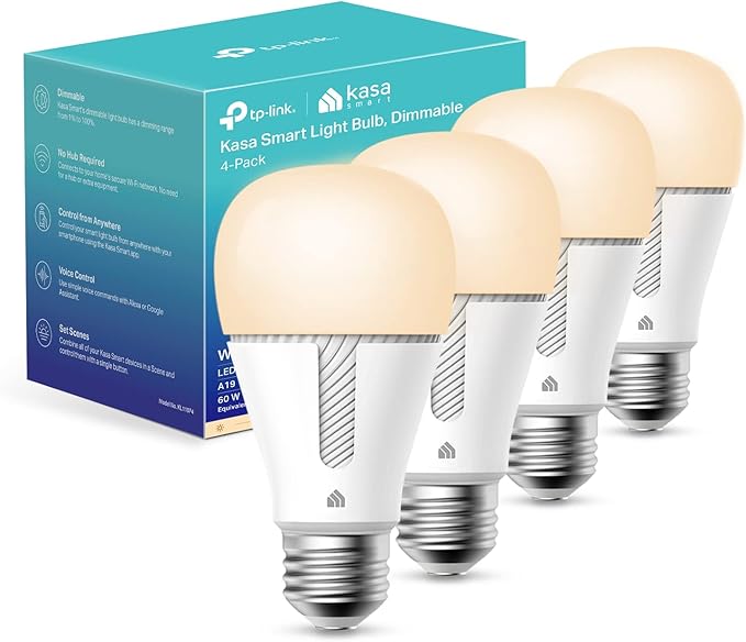 Kasa Smart Light Bulbs that works with Alexa and Google Home, Dimmable Smart LED Bulb, A19, 9W, 800Lumens, Soft White(2700K), CRI≥90, WiFi 2.4Ghz only, No Hub Required, 4 Count (Pack of 1)(KL110P4) KasaSmartbyTP-Link