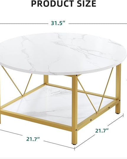 YITAHOME Round Coffee Table,Rustic Wood Coffee Tables for Living Room with Storage Shelf, Modern Farmhouse Circle Coffee Table Center with Sturdy Metal Legs Home Furniture, Gold and White - LeafyLoom