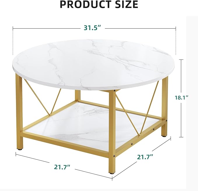 YITAHOME Round Coffee Table,Rustic Wood Coffee Tables for Living Room with Storage Shelf, Modern Farmhouse Circle Coffee Table Center with Sturdy Metal Legs Home Furniture, Gold and White - LeafyLoom