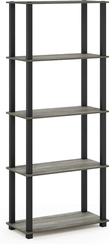 Furinno Turn-N-Tube 5-Tier Multipurpose Shelf / Display Rack / Storage Shelf / Bookshelf, Square Tubes, French Oak Grey/Black - LeafyLoom