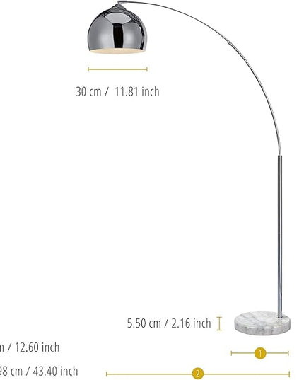 Teamson Home Arquer 68.1" Arc Floor Lamp for Living Rooms, Home Offices, Dining Rooms, Bedrooms with Faux White Marble Base and Chrome Bell Shade - LeafyLoom