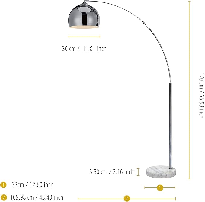 Teamson Home Arquer 68.1" Arc Floor Lamp for Living Rooms, Home Offices, Dining Rooms, Bedrooms with Faux White Marble Base and Chrome Bell Shade - LeafyLoom
