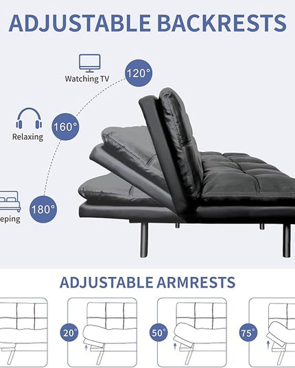 MUUEGM Futon Sofa Bed,Convertible Adjustable Backrest Armrests Memory Foam Couch Bed, Modern Faux Leather Futon Sleeper Couch Loveseat for Living Room,office,Apartment,Small Space,Matte Black - LeafyLoom