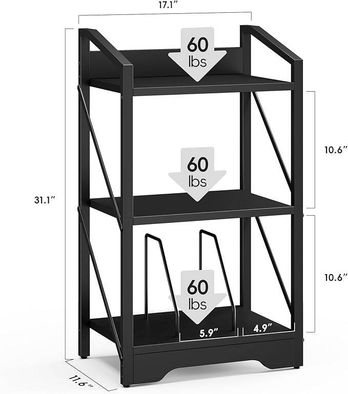 Vagusicc 3 Tier Bookshelf, Small Book Shelf Industrial Bookshelf, Wood Short Book Shelf Office Shelves with Metal Frame, Black Open Shelf Storage Organizer Bookcase for Living Room Bedroom, Black - LeafyLoom