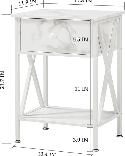 VECELO Night Stands for Bedroom Rustic Nightstand Bedside End Tables with Drawer Storage, Marble White - LeafyLoom