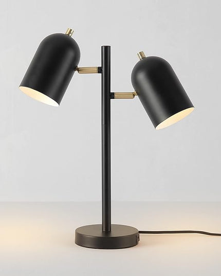 Globe Electric 52994 19" 2-Light Desk Lamp, Matte Black, Matte Brass Accents, 2.1A USB Port, On/Off Rotary Switch on Each Shade - LeafyLoom