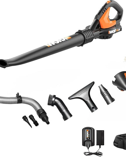 Worx 20V Cordless Leaf Blower WG545.1, Up to 120 MPH Air Speed, Long Nozzle Design for Narrow Spaces, Ideal for Indoor and Outdoor Cleaning, 9x Cleaning Attachments, Battery and Charger Included - LeafyLoom