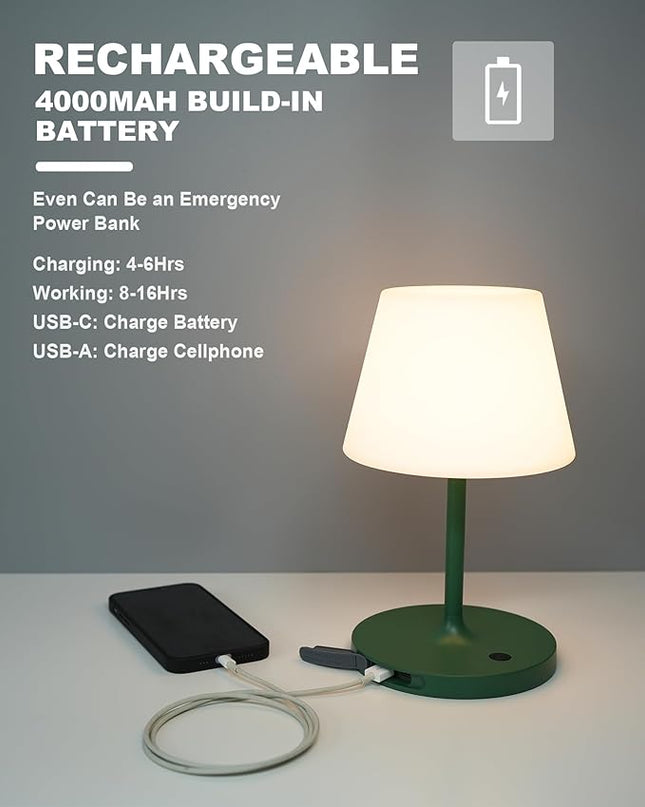 Outdoor Battery Operated Table Lamp Waterproof, 4000mAh Cordless Table Lamp Rechargeable, Touch Dimmable Desk Lamp, LED Night Light for Patio Camping Restaurant Home, H9.6in, Green - LeafyLoom
