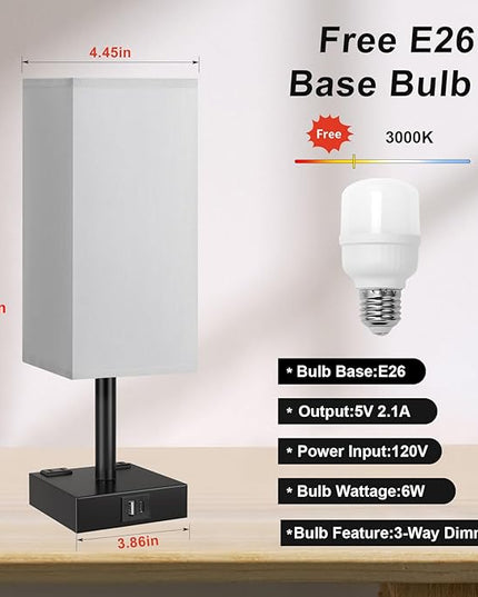 Touch Bedside Table Lamp For Nightstand - 3-Way Dimmable Night Lamp with USB A + Type C Charging Ports and two AC Outlets, Small Desk Light with E26 LED Bulb for Bedroom Living Room Office, Grey Black - LeafyLoom