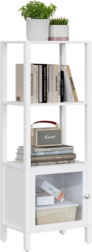 TUTOTAK 4 Tier Bookcase and Bookshelf, Narrow Book shelf with Door for Small Space, for Living Room, Office, Study, Entryway, White BS03BW004 - LeafyLoom