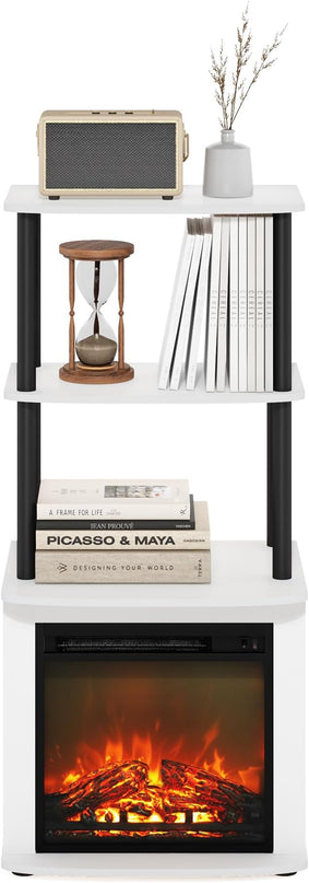 Furinno Turn-N-Tube 2-Tier Tall TV Entertainment Side Table Display Rack with Fireplace Insert, Solid White/Black - LeafyLoom