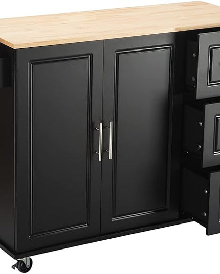 Mobile Kitchen Island with Extensible Rubber Wood Table Top,Adjustable Shelf Inside, Cabinets Cart w/ 3 Storage Drawers,Spice Towel-Rack,for Dining Room Bar,Black, 53.93" L x 17" W x 36.22" H - LeafyLoom