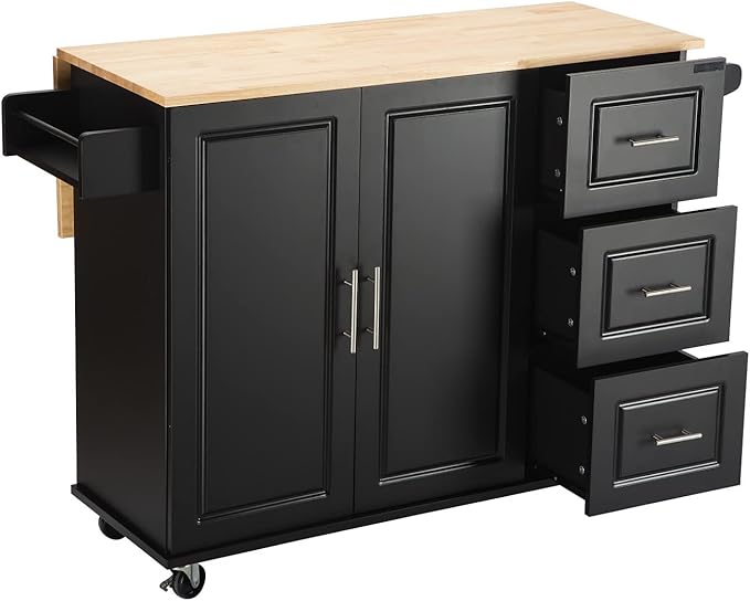 Mobile Kitchen Island with Extensible Rubber Wood Table Top,Adjustable Shelf Inside, Cabinets Cart w/ 3 Storage Drawers,Spice Towel-Rack,for Dining Room Bar,Black, 53.93" L x 17" W x 36.22" H - LeafyLoom
