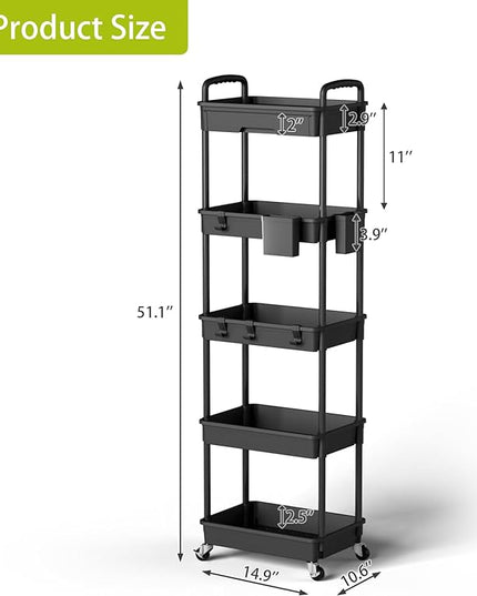 5 Tier Small Rolling Cart Organizer,Bathroom Cart Organizers with Wheels Laundry Room Organization Mobile Shelving Unit Utility Cart Storage Shelves Multi-Functional for Office, Home(Black) - LeafyLoom