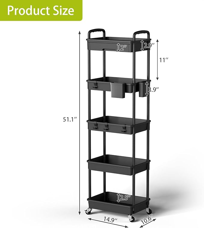 5 Tier Small Rolling Cart Organizer,Bathroom Cart Organizers with Wheels Laundry Room Organization Mobile Shelving Unit Utility Cart Storage Shelves Multi-Functional for Office, Home(Black) - LeafyLoom