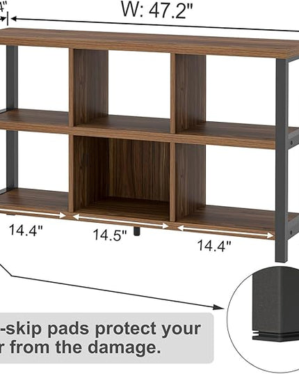 FOLUBAN 6 Cube Storage Organizer Bookshelf, Industrial Horizontal Low Cubby Bookcase for Living Room Bedroom (Rustic Walnut, 47 Inch) - LeafyLoom