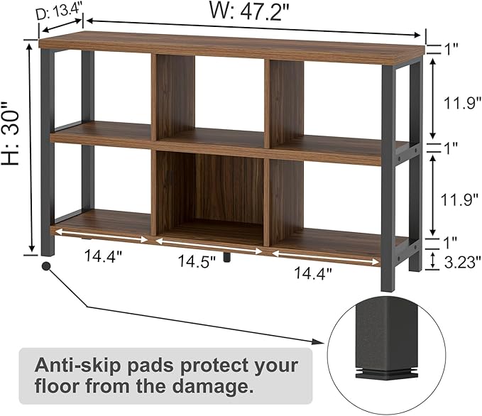 FOLUBAN 6 Cube Storage Organizer Bookshelf, Industrial Horizontal Low Cubby Bookcase for Living Room Bedroom (Rustic Walnut, 47 Inch) - LeafyLoom